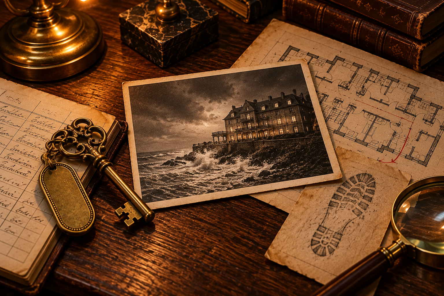 Noir-style illustration of storm-hotel investigation props