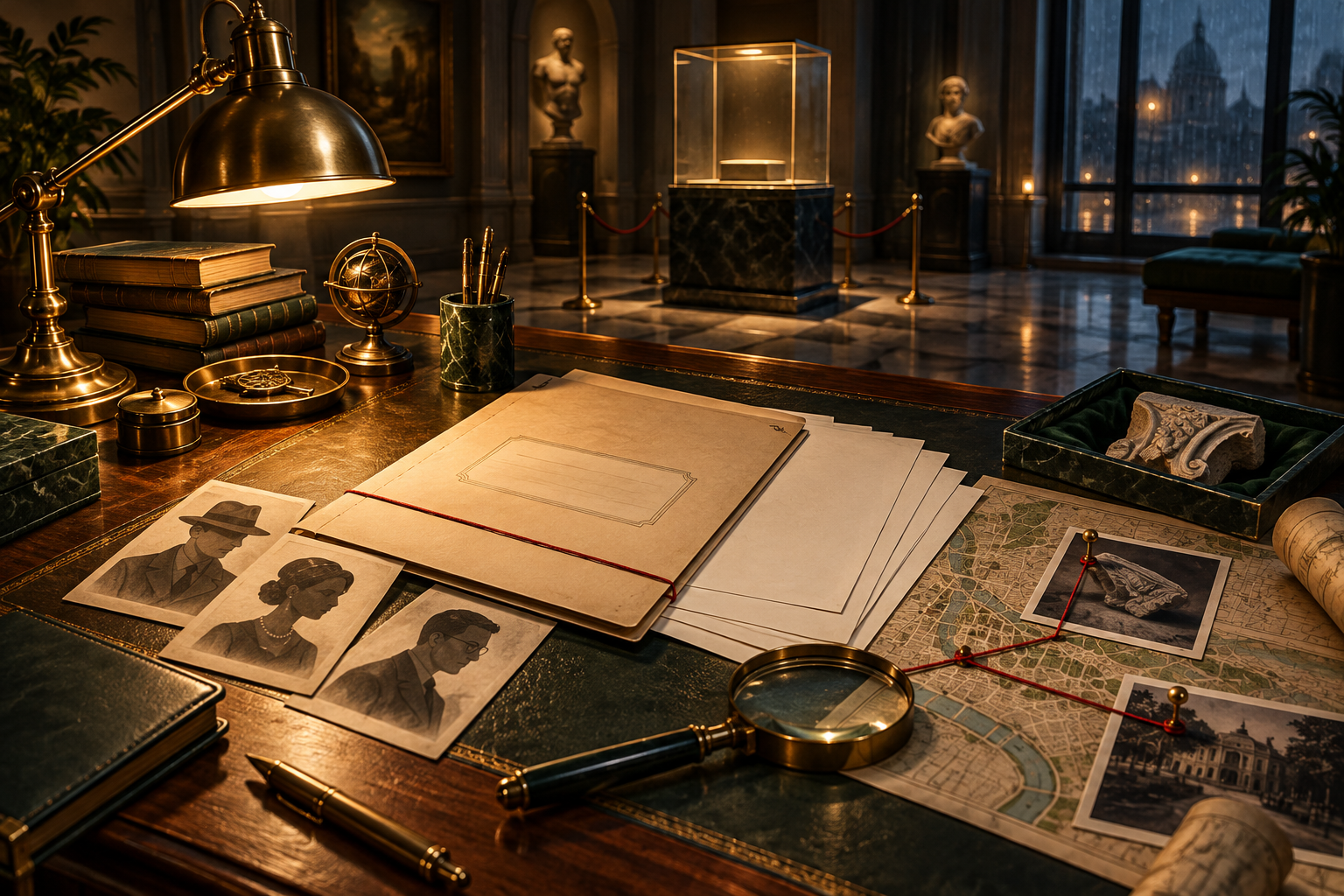 AI-generated concept illustration of a warmly lit detective desk with a case folder, suspect sketches, connected clues, and an empty museum display in the background.